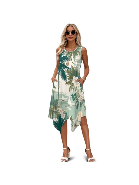 Side Pockets Sundress, Tropical Beach Scene Print Summer Sleeveless Dress Polyester Comfort Summer Sleeveless Dresses Irregular Hem