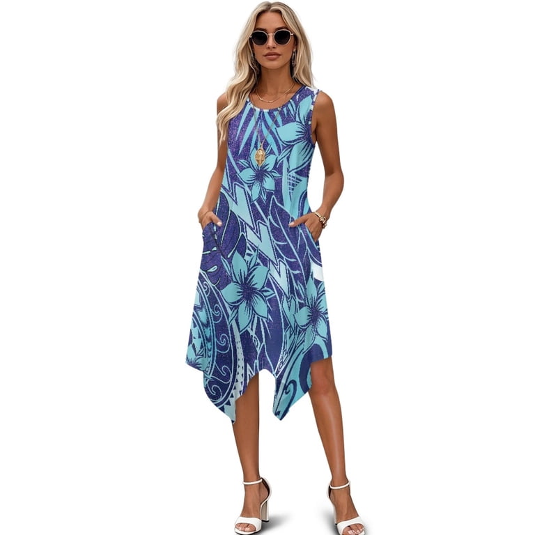 Binienty Side Pockets Women Irregular Hem Casual Dress, Blue Tropical Floral Sleeveless Sundress Polyester with Pockets Summer Long Dresses Round Neck