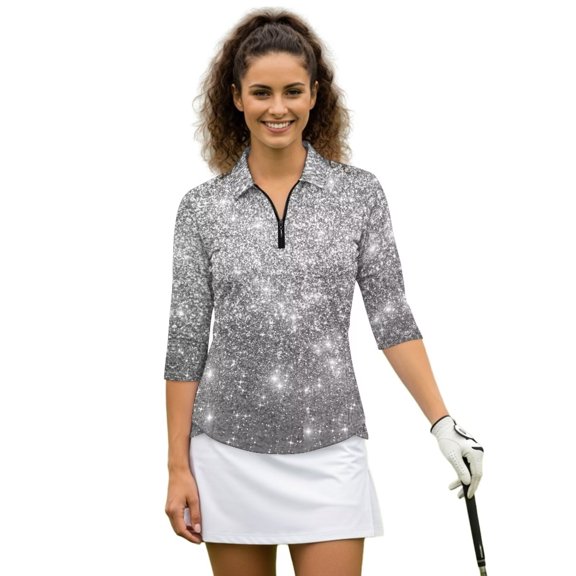 Binienty Silver Glitter Print Golf Tennis Shirts 3/4 Sleeve Cloth Quarter Zip Lightweight with Collar Shirt Machine Washable for Golf,Tennis,Hiking,Running,Gym for Casual Wear