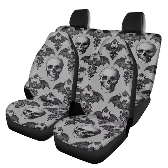Binienty Skull Bat Car Seat Covers Full Set Auto Seat Protector Cover Soft Breathable Front Rear Bench Cushion Cover Universal for SUV Sedan Truck Halloween Car Interior Decorations