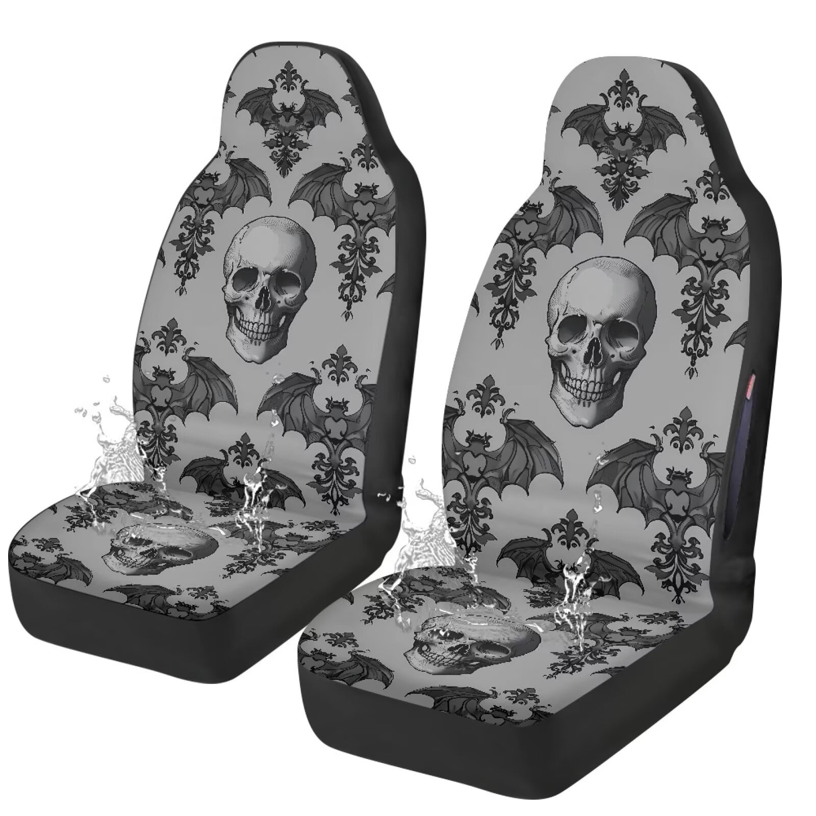 Binienty Skull Front Seat Covers for Cars Waterproof Grey Bats Automotive Seat Covers & Accessories for SUV Truck Sedan Van, Airbag Compatible Vehicle Bucket Cushion Cover, 2 Pack