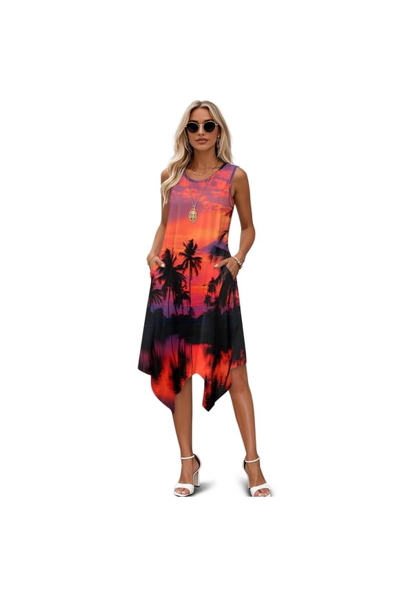 Sleeveless Dress, Sunset Palm Tree Pattern Side Pockets Sleeveless Sundress, Round Neck Irregular Hem Ladies Irregular Hem Casual Dress for Holiday Trip