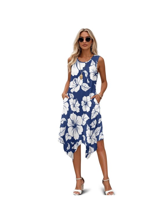 Sleeveless Dress with Hibiscus Floral Pattern, Irregular Hem Casual Dress for Beach Vacation and Holiday Trips