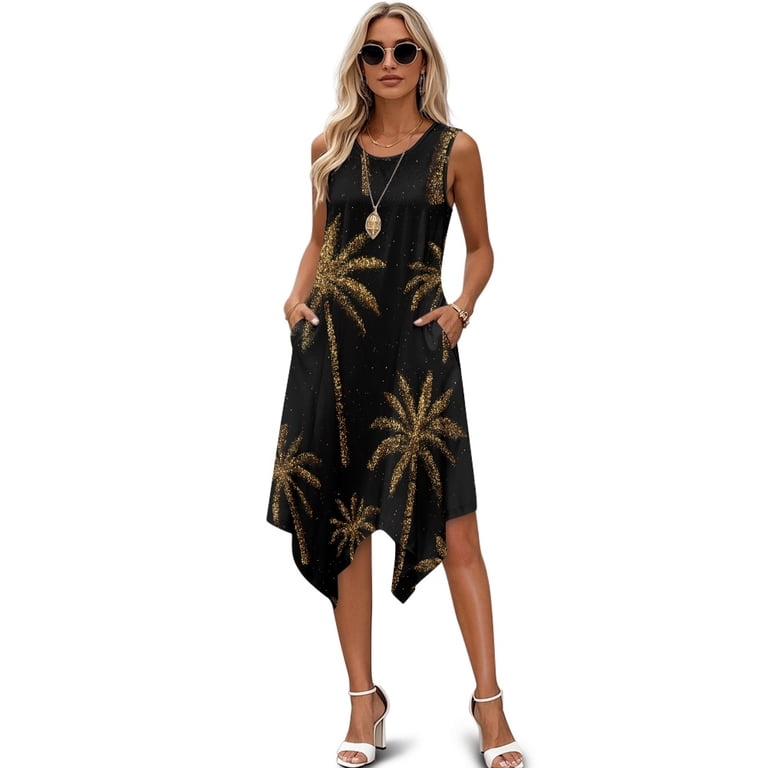 ladies asymmetric dress Binienty Sleeveless Sundress, Glitter Gold Palm Side Pockets Irregular Hem Casual Dress, Round Neck Hem Midi for Party Holiday Trip Asymmetric Ruffle Dress - The latest must have Color:WHITE BLUE YGroup_Salina1