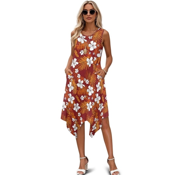 Binienty Sleeveless Sundress with Tropical Floral Pattern, Asymmetric Hem Midi Dress with Side Pockets for Summer Casual Outings and Weekend Gatherings