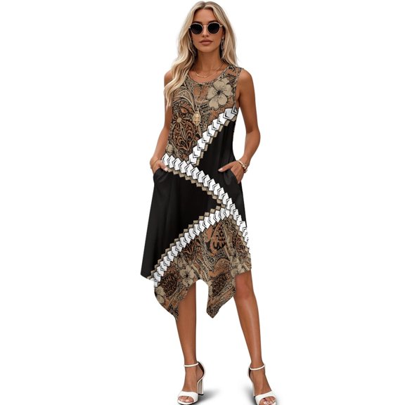 Binienty Sleeveless Sundress with Floral, Asymmetric Hem Midi Dress for Casual Daily and Weekend Outdoor Activities