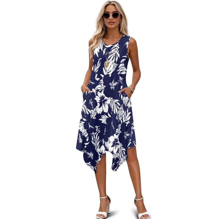 Binienty Sleeveless Sundress with Navy Floral Print, Asymmetric Hem Midi Dress for Business Casual and Beach Party, Women's, Size: 4XL