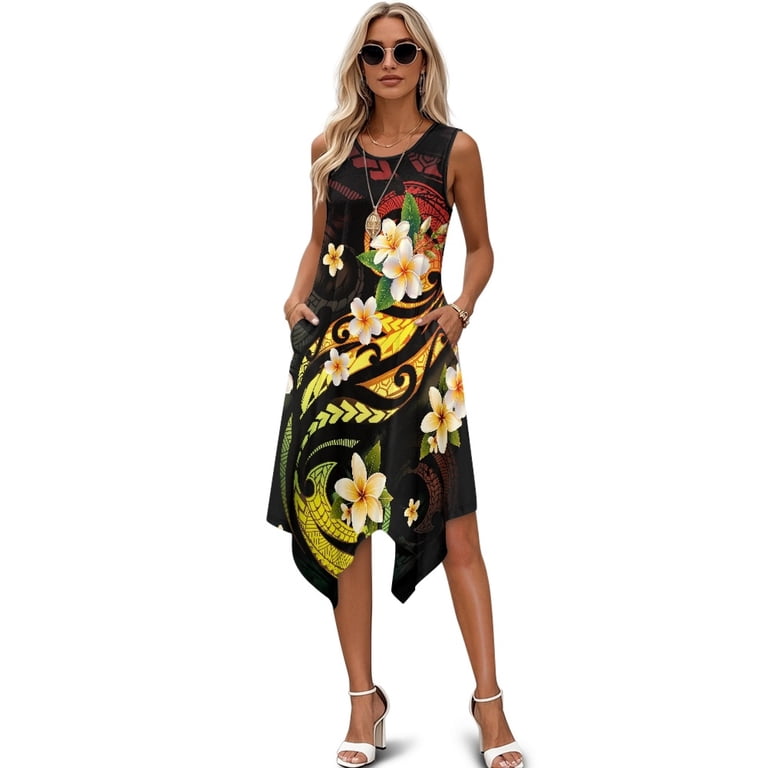 Binienty Sleeveless Sundress with Plumeria Print, Asymmetric Hem Midi Dress for Cocktail Party and Graduation Events