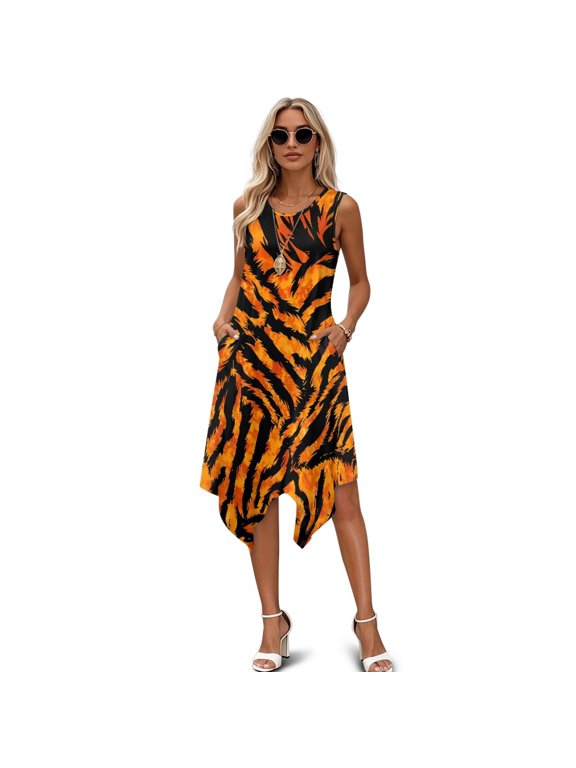 Sleeveless Sundress with Tiger Stripe Pattern, Asymmetric Midi Dress for Daily Wear and Social Gathering Events