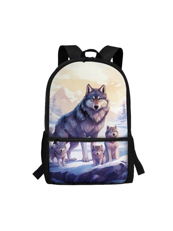 Snow Wolf Family Print School Backpack for Teens Elementary to Middle School, Customizable Strap Large Capacity Bookbag with Front Storage Pockets for Daily Hiking Trips