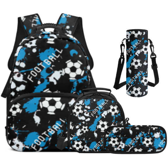 Binienty Soccer Ink Splash Pattern Backpack Set 4 Pack with Travel Ruckpack Kids Lunch Box Bag Pen Organizer Water Bottle Sleeve Compatible with Outdoor Picnic