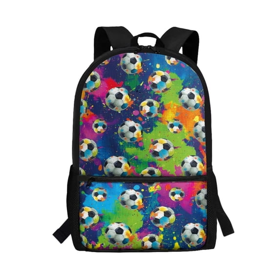 Binienty Soccer Print Kids Backpack for Ages 6-12, Tie Dye Splatter Style Lightweight School Bookbag with Front Zipper Pocket Mesh Side Holders for Daily Use Hiking Travel