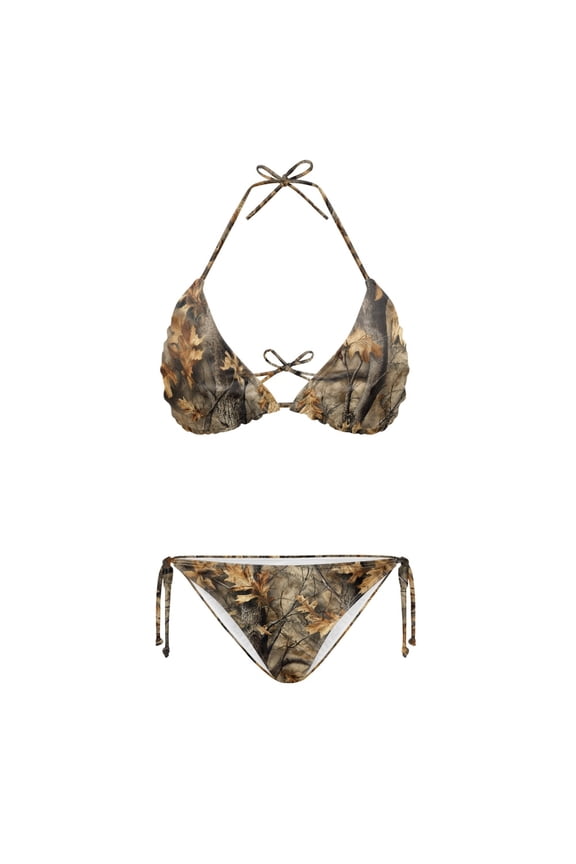 Spandex Autumn Tree & Oak Leaf Camouflage Pattern Womens Two Piece Swimsuits, Plus Size Design Quick Drying Halter Bikini Set for Summer Holiday Pool