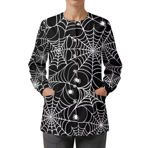Binienty Spider Web Scrub Jackets For Women Halloween Nurse Costume Soft Snap Front Vet Workers Medical Assistants Nursing Essentials For Nurses, Snap Front Medical Uniforms Breathable Fitted
