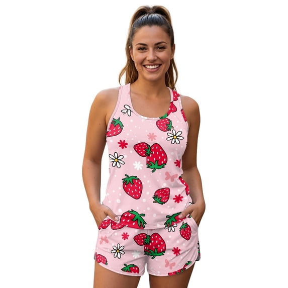 Binienty Strawberry and Daisy Pattern Ladies Tank Top Shorts Swimsuit ...
