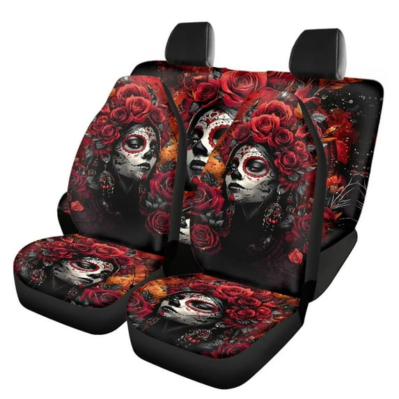 Binienty Sugar Skull Girl Car Seat Covers Front and Back Full Set 4 Piece Automotive Seat Covers Highback Vehicle Bucket Cushion Cover Stretch Fabric Easy to Install Auto Interior Decor Accessories