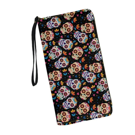 Binienty Sugar Skull Wallet for Women with Zipper Leather Ladies Clutch Purse Waterproof RFID Wristlet Wallet Slim Minimalist Cash Wallets Envelope Cash Organizer Coin Pockets