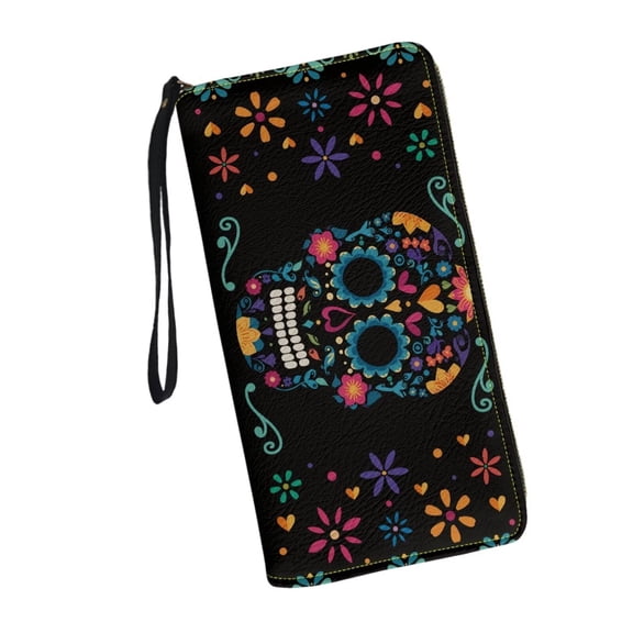 Binienty Sugar Skull Wristlet Wallet for Women Teen Girls RFID Blocking Credit Card Holder PU Leather Phone Wallet Travel Wallets Passport Holder Halloween Gifts for Her