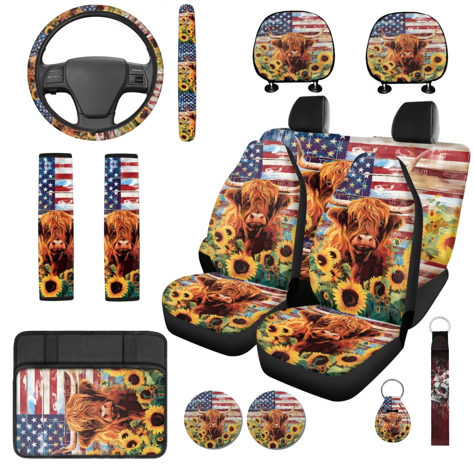 Binienty Sunflower Highland Cow Print Automotive Seat Covers with Armrest Cover Seat Headrest Cover Seat Belt Shoulder Strap Covers Keychain 14 Pieces American Flag Car Interior Accessories Set
