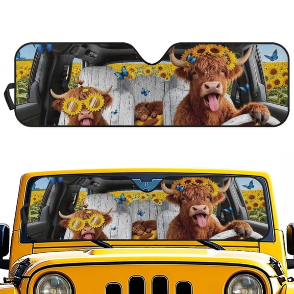 Binienty Sunflower Highland Cow Print Sun Shade For Car Windshield Easy Installation Universal Compatible with Jeep Gladiator JT 2020-2025 Reflect UV Car Window Sunshade Folding Auto Sun Blocker