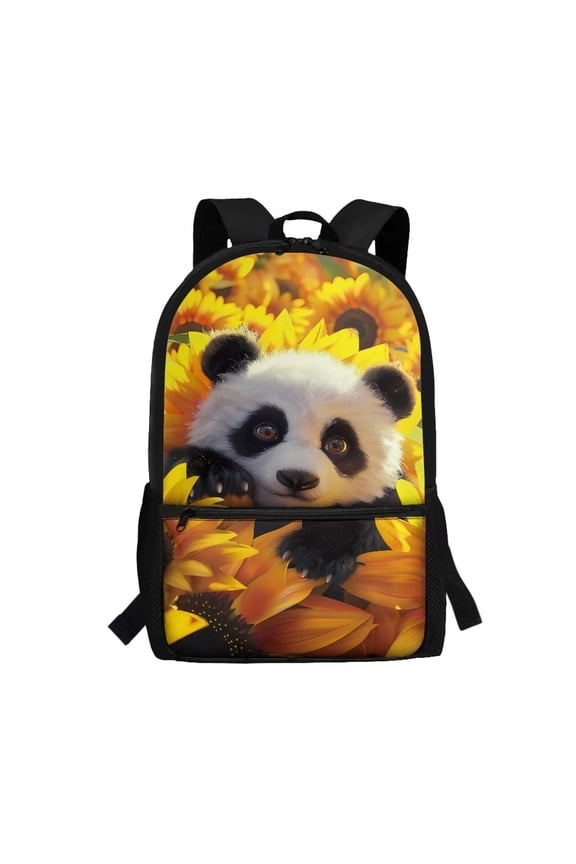Sunflower Panda Print 17 Inch Kids School Backpack for Elementary Students, Laptop Compartment Bookbag with Side Mesh Pockets and Front Zipper Pocket for School Daily Use