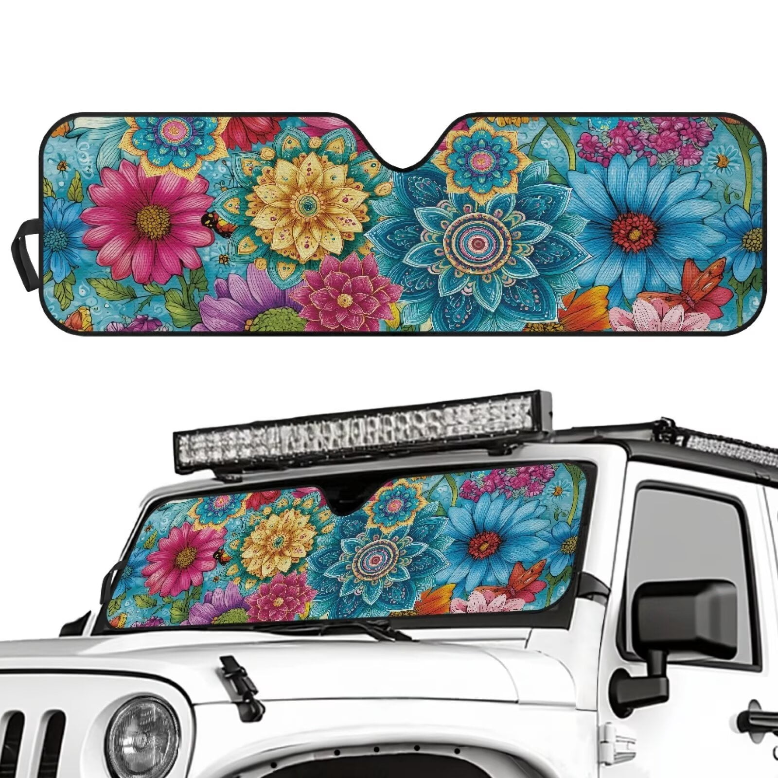 Binienty Sunshade for Car Windshield Boho Floral Sun Visor for Car Windshield Front Window Automotive Interior Sun Protection Compatible with 2007-2023 Wrangler Rubicon Sahara TJ JK JKU 2 & 4 Door