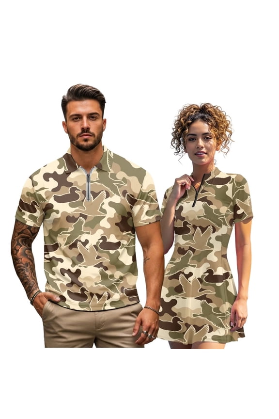 Tan Duck Camo Golf Outfit Set for Couple Dry-Fit Pickleball Golf Skort and Shirt Set for Women and Men Relaxed Classic Fit Summer Golf Outfit for Golf Running Sports