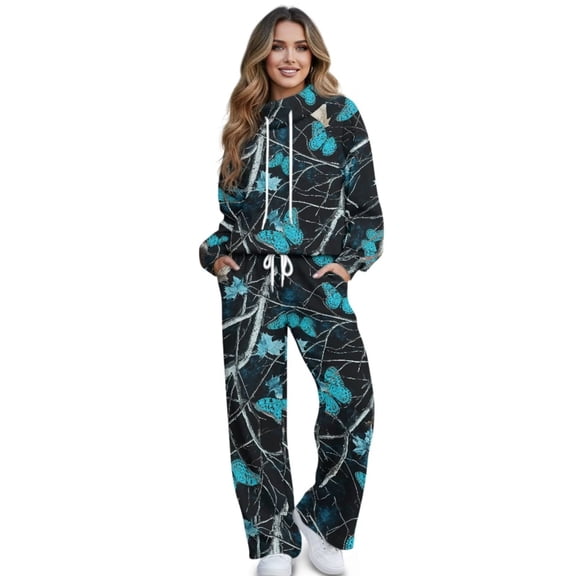 Binienty Teal Butterfly Tree Camo Sweatsuits for Women 2 Piece Outfits, Long Sleeve Drawstring Mock Neck Sweatshirt Wide Leg Pants Fall Casual Lounge Tracksuit Set with Pockets
