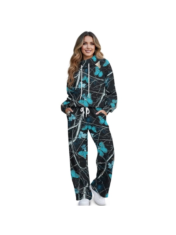 Teal Butterfly Tree Camo Sweatsuits for Women 2 Piece Outfits, Long Sleeve Drawstring Mock Neck Sweatshirt Wide Leg Pants Fall Casual Lounge Tracksuit Set with Pockets