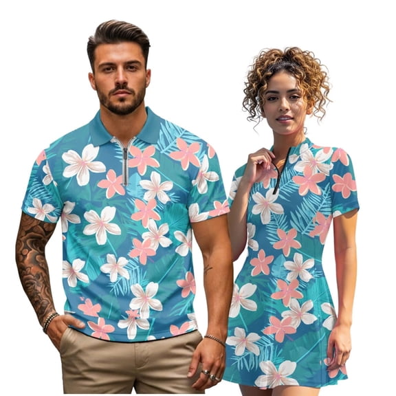 Binienty Teal Plumeria Golf Outfit Set for Couple Classic Fit Zipper Neck Men's Golf Shirt Women's Golf Skort Matching Set ,Short Sleeve Summer Golf Outfit for Workout Pickleball