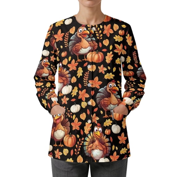 Binienty Thanksgiving Turkey Women's Scrub Jackets Crew Neck 4-Way Stretch Medical Uniforms & Scrubs for Women, Long Sleeve, Crew Neck, for Hospital Clinic Vet Workers Medical Assistants