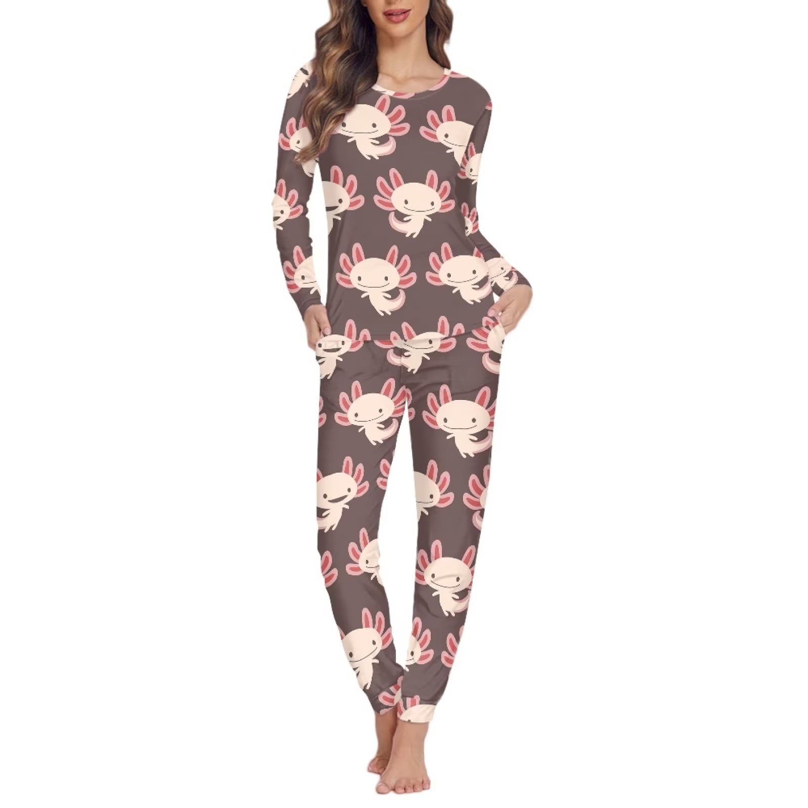 Binienty Thermal Pj Set for Women 2 Pieces Pajama Cartoon Axolotl