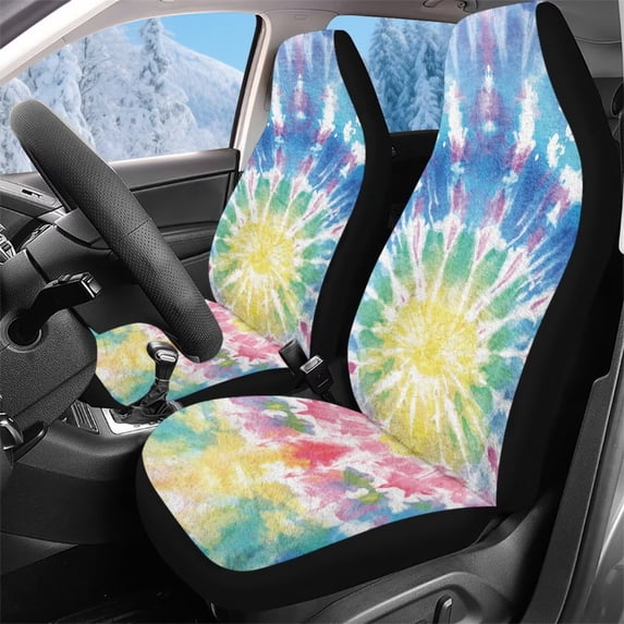 Binienty Tie Dye Car Seat Covers for Cars Front Seats Soft Fluffy 2 PC Plush Winter Warm Automotive Seat Covers Cold Weather Auto Accessories Universal Fit