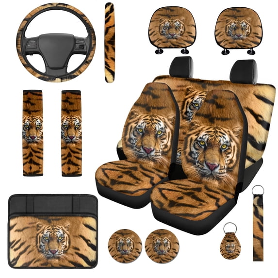 Binienty Tiger Print Automotive Seat Covers Full Set with Car 15 Inch Steering Wheel Cover Elastic Armrest Cushion Pad Vehicle Seat Belt Cushion Pad Keychain Auto Interior Accessories Set 14 Piece