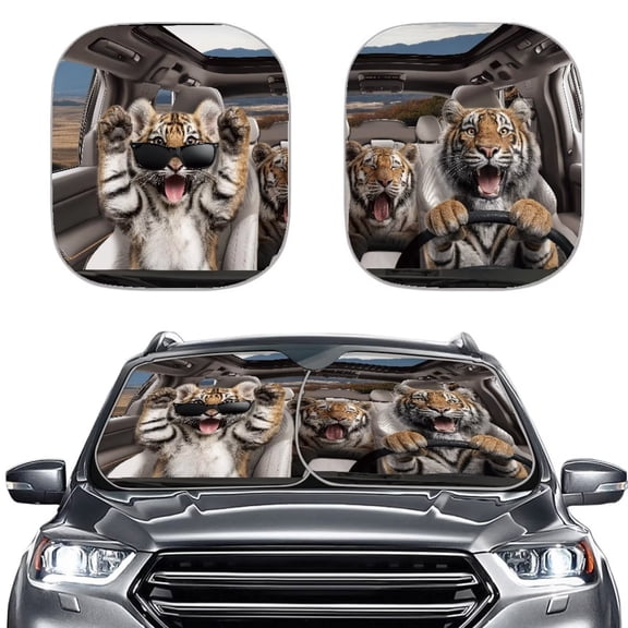Binienty Tiger Print Front Windshield Sunshade Funny Foldable Automotive Window Sun Visor Animals Windshield Sun Shade 2 Piece UV Rays Shade Universal Car Accessories