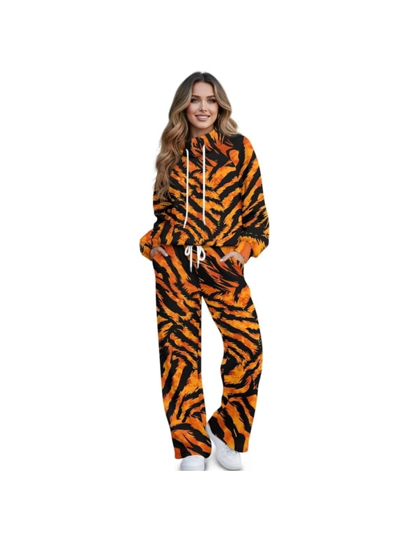 Tiger Print Womens 2 Piece Tracksuit Outfits, Fall Mock Neck Sweatshirt Wide Leg Sweatpants Matching Lounge Set Casual Jogging Suits with Pockets