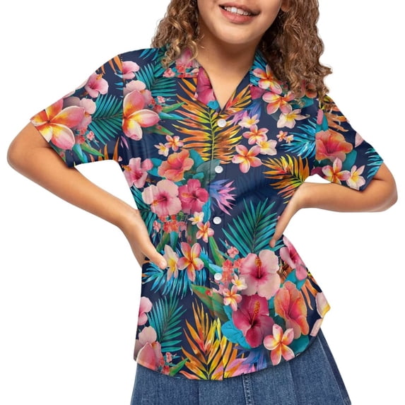 Binienty Tropical Hibiscus Floral Girls Button Up Short Sleeve Shirt Breathable Girls Button Up Blouse Comfy Trendy Cuban Collar Top Lightweight Kids Tropical Clothes