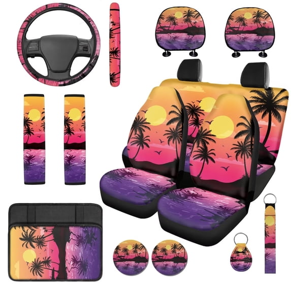 Binienty Tropical Palm Tree Car Seat Covers Front And Rear with Auto Steering Wheel Cover Armrest Cushion Pad Headrest Covers Seat Belt Pads Automotive Interior Accessories Set 14 Pack