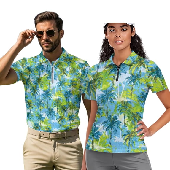 Binienty Tropical Palm Tree Matching Shirts for Couples Versatile Fashion Shirts Workout Tops with Zipper Neck Short Sleeve Classic Fit Shirts for Golf Running Sports