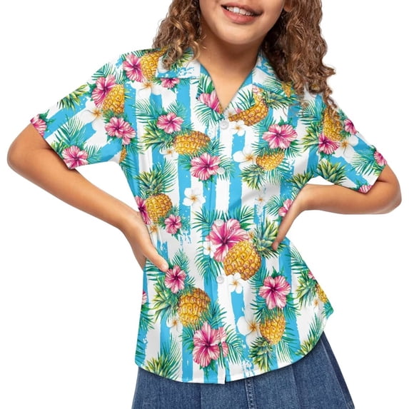 Binienty Tropical Pineapple Cute Button Down Shirt For Girls Button Down Tropical Shirt Casual Girls Short Sleeve Beach Shirt Soft Breathable Youth Summer Outfit