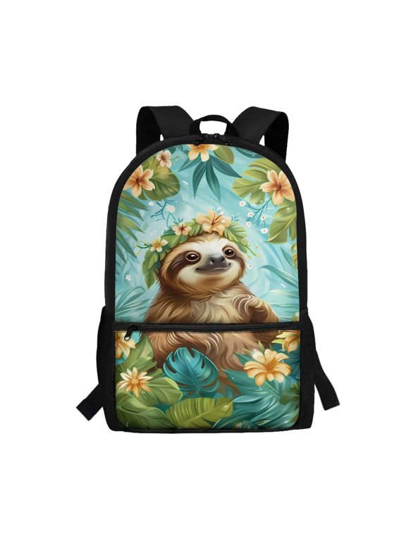 Tropical Sloth Print School Backpack for Students Adjustable Padded Shoulder Straps Multi Front Storage Pockets Lightweight Water Resistant Bookbag for Outdoor Day Trips
