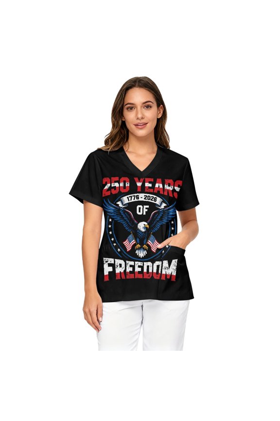 US Flag Eagle Freedom Print Nursing Uniform Top for Women Breathable Stretchy Short Sleeve Shirts with 2 Pockets Nursing Workwear for Summer
