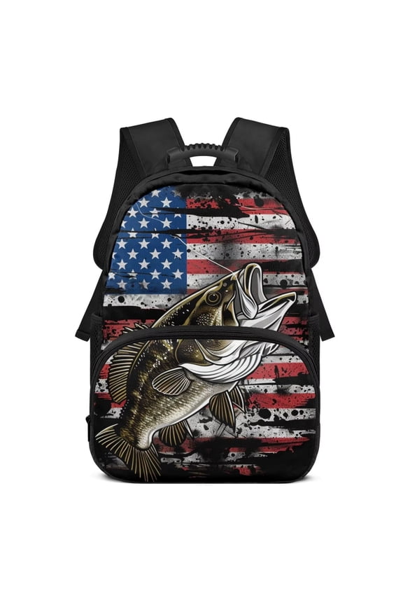 USA Flag Bass Fish Backpack for School Boys 5th Grade Heavy Duty Lightweight School Backpack with Laptop Compartment Kids Rucksack Daypack Children School Supplies