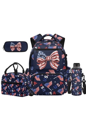 USA Flag Patriotic Bow Kids Backpack Lunch Box Set For Elementary School Girls 4-In-1 Waterproof Lightweight Bookbag Lunchbag Pen Pouch Back To School Gifts For Kids