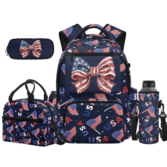 Binienty USA Flag Patriotic Bow Kids Backpack Lunch Box Set For Elementary School Girls 4-In-1 Waterproof Lightweight Bookbag Lunchbag Pen Pouch Back To School Gifts For Kids