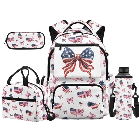 Binienty USA Map American Bow Backpack With Matching Lunchbox Set For Primary School Girls 4 Pieces Waterproof 17 Inch Book Bag Insulated Lunchbag Pen Pouch Children Back Pack