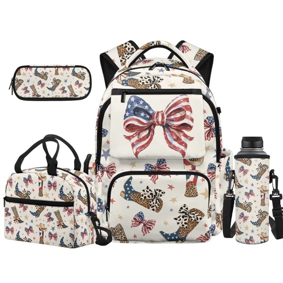 Binienty USA Map Flag Bow 4 Piece Kids School Backpack With Lunch Bag Set For Girls Middle School Waterproof 17 Inch Schoolbag With Front Pockets Lunch Box Aesthetic Pencil Bag Back To School