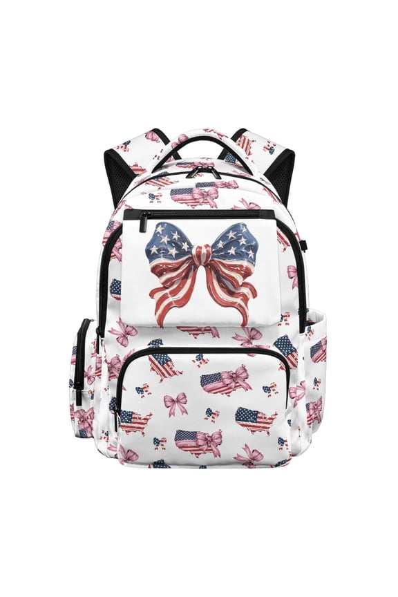 USA Map Patriotic Bow Girls Bookbag 3rd Grade 17 Inch Large Capacity Backpack with Front Pockets School Bag Students Back to School Gifts