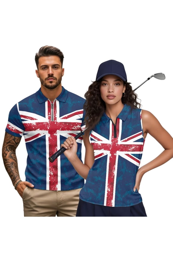 Union Jack Golf Shirt for Couple Versatile Classic Fit Couples Matching Golf Polo Shirts Short Sleeve/Sleeveless Quarter Zip Pullover for Golf Running Sports