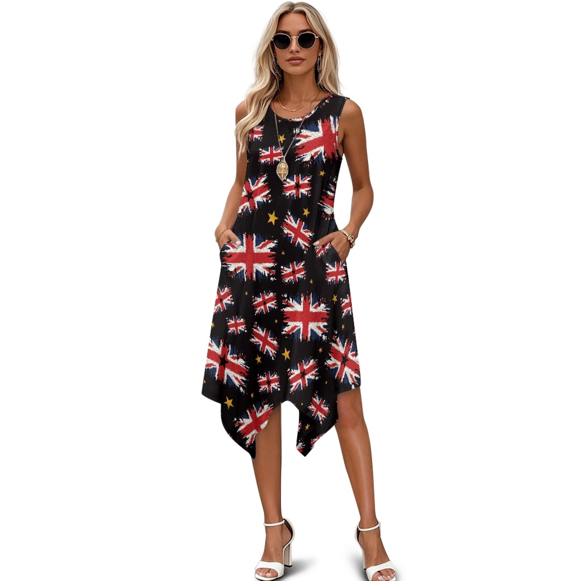 union jack ladies dress Binienty Print Women Sleeveless Casual Dress, Side Pockets Irregular Hem Casual Round Neck Crew Neck Sleeveless Sundress atf-kg-08.24.26